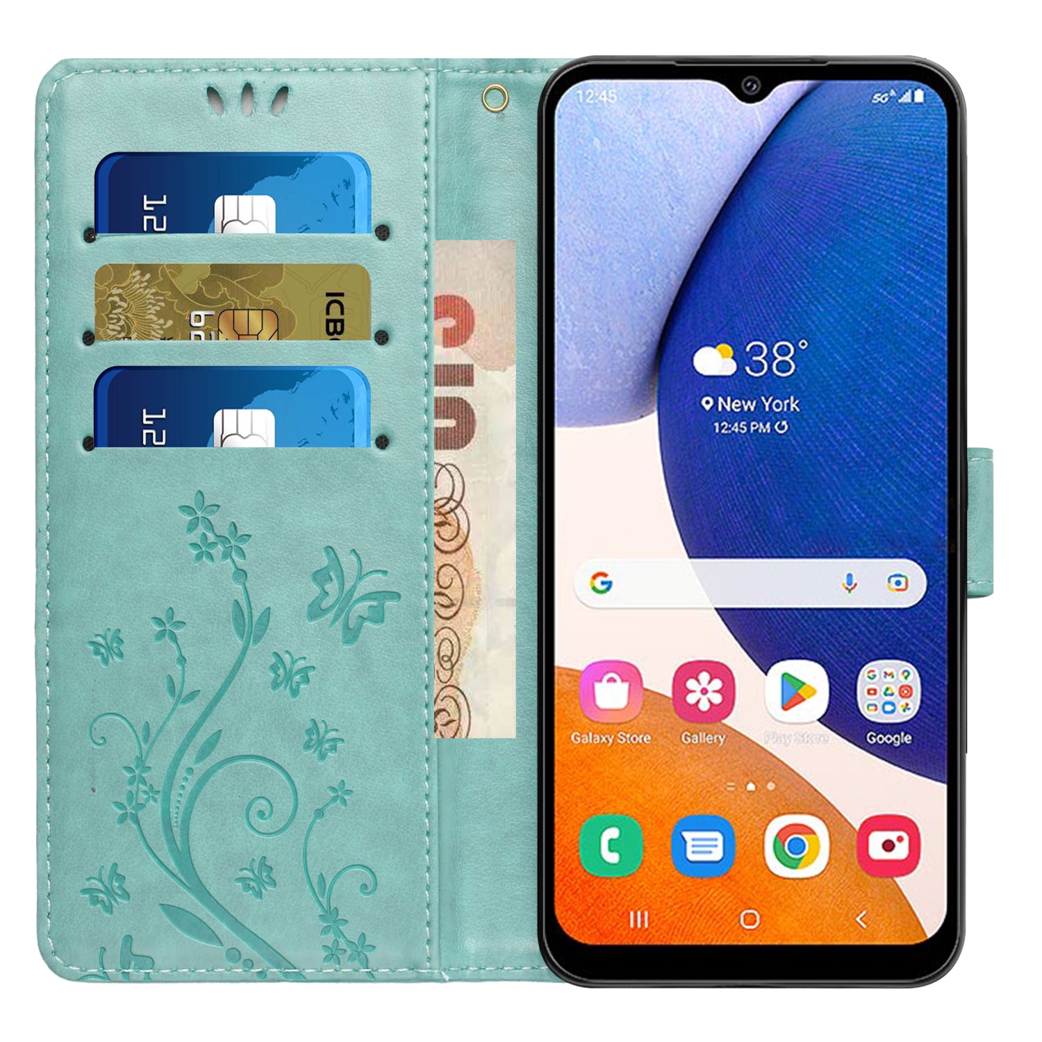 Uniqkart for Samsung Galaxy M14 5G Imprinted Butterflies PU Leather Phone Case Wallet Cover Stand with Strap - Baby Blue Uniqkart for Samsung Galaxy M14 5G Imprinted Butterflies PU Leather Phone Case Wallet Cover Stand with Strap - Baby Blue